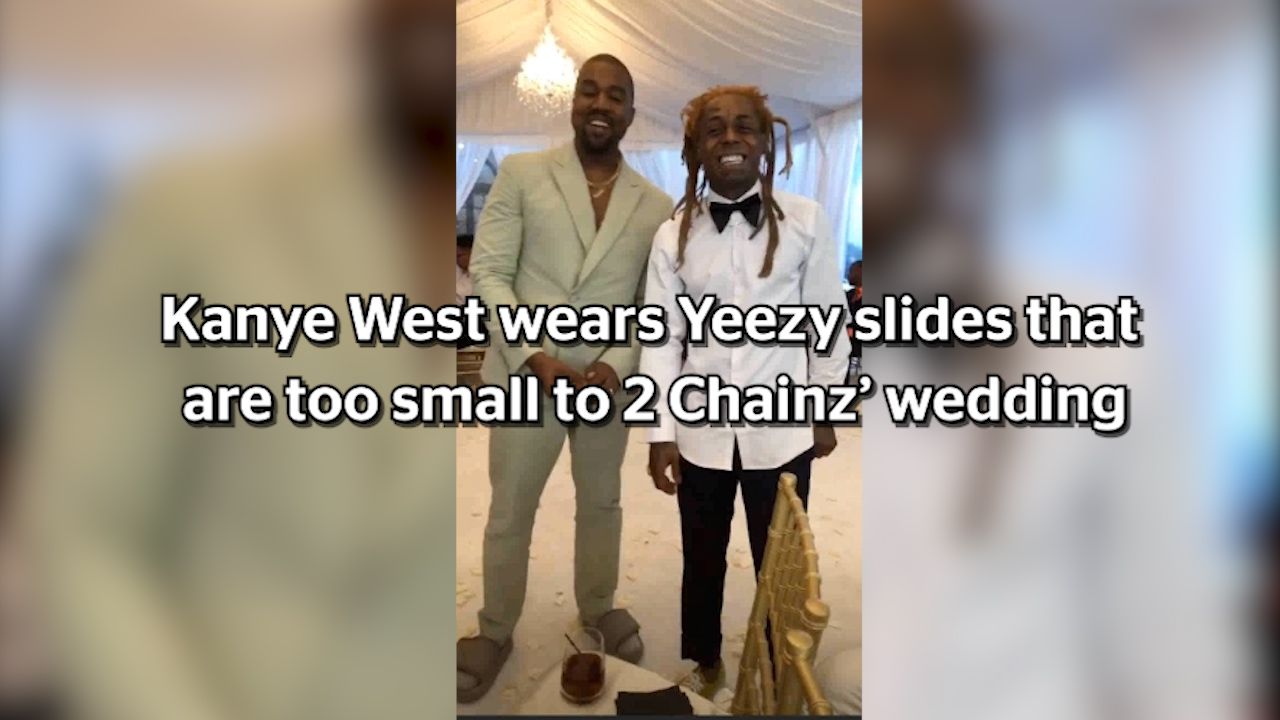 People are mocking Kanye West for wearing socks and sliders that are way  too small… to a wedding